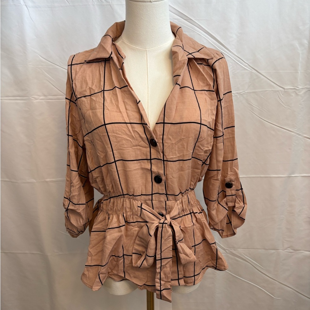 Sweet Rain Windowpane Tie Waist‎ Peplum Blouse Small Tan Black Grid Top